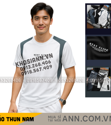 Áo Thun Nam Cổ Tròn Phối Sọc Màu & In Logo Chữ Trước Ngực Có Big Size - AB532