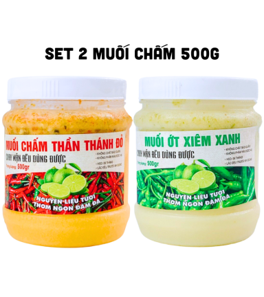 Set 2 Hộp Muối Chấm Thơm Ngon 500g - Muối Chấm Thần Thánh Đỏ & Muối Ớt Xiêm Xanh - S2HMC500G
