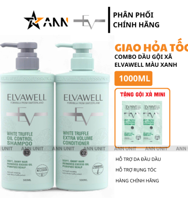 Combo Dầu Gội Xả Elvawell Màu Xanh Nấm Truffle 1000ml Hỗ Trợ Tóc Sạch Dầu Bết - ELVAWELLXANH