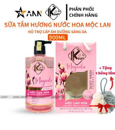 Sữa Tắm Kina Hương Nước Hoa Mộc Lan 900ml - Hỗ Trợ Cấp Ẩm Dưỡng Sáng Da Mịn Màng - Tặng Kèm 1 Bông Tắm - 8938527651271