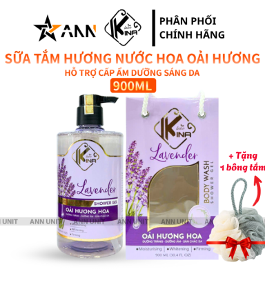 Sữa Tắm Kina Hương Nước Hoa Oải Hương 900ml - Hỗ Trợ Cấp Ẩm Dưỡng Sáng Da Mịn Màng - Tặng Kèm 1 Bông Tắm - 8938527651264