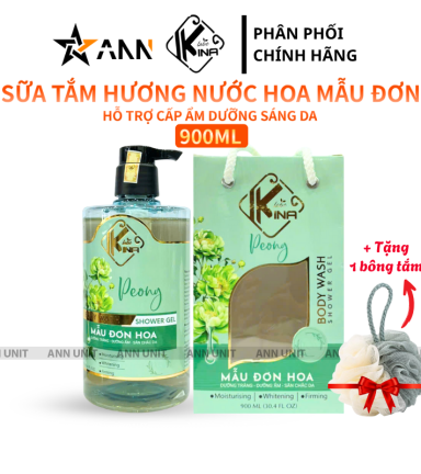 Sữa Tắm Kina Hương Nước Hoa Mẫu Đơn 900ml - Hỗ Trợ Cấp Ẩm Dưỡng Sáng Da Mịn Màng - Tặng Kèm 1 Bông Tắm - 8938527651295