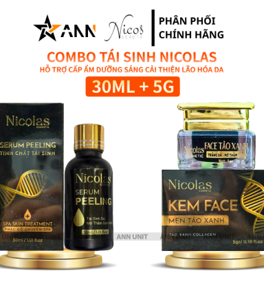 Combo Tái Sinh Nicolas - Serum Peeling 30ml & Kem Face Men Tảo Xanh Collagen 5g - 8938549741158