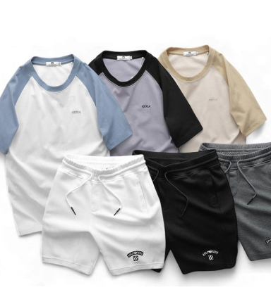 Set Bộ Nam Áo Cổ Tròn Phối Màu Thêu Chữ Trước Ngực & Quần Short Thêu Nổi Logo Chữ Có Big Size - SBN150AB446QB438