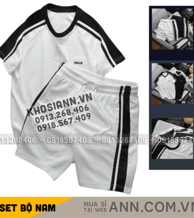 Set Bộ Nam Áo Thun Cổ Tròn Phối Sọc Vai Áo Và Thêu Chữ Pack Trước Ngực + Quần Short Thun Nam Phối Sọc Hai Bên Quần Có Big Size - SBN149