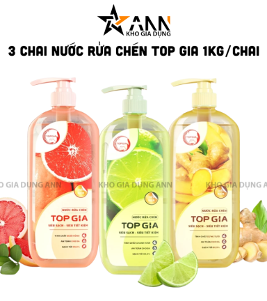 Combo 3 Chai Nước Rửa Chén Top Gia Hương Chanh Tươi - Hương Gừng- Hương Bưởi Hồng 1kg/chai - NRC02