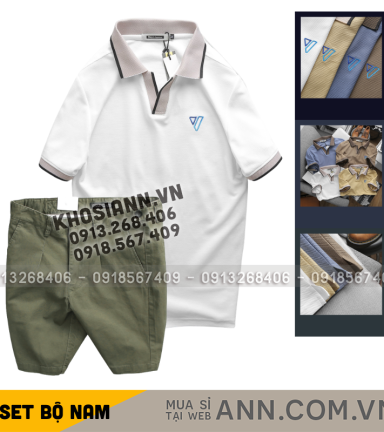 Set Bộ Nam - Áo Thun Nam Polo Cổ Bẻ Thêu Logo Hình Tam Giác Và Quần Short Kaki Co Giãn Phối Nút Cao Cấp (Có Size 36) - SBN153