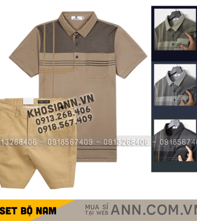 Set Bộ Nam - Áo Thun Nam Polo Cổ Bẻ Sọc Nhuyễn Phối Túi Và Quần Short Kaki Co Giãn Phối Nút Cao Cấp (Có Size 36) - SBN157