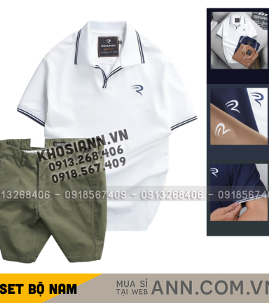 Set Bộ Nam - Áo Thun Nam Polo Cổ Bẻ Viền Bo Ngực Thêu Logo Chữ R Và Quần Short Kaki Co Giãn Phối Nút Cao Cấp (Có Size 36) - SBN160