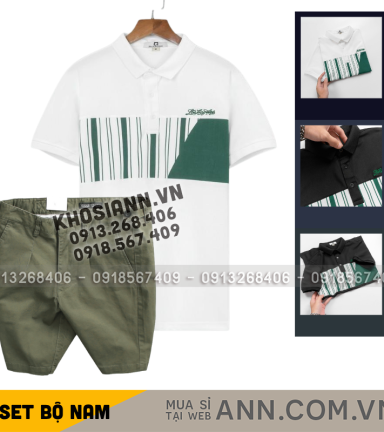 Set Bộ Nam - Áo Thun Nam Polo Cổ Bẻ Phối Họa Tiết Sọc Ngang Cá Sấu Poly - Quần Short Kaki Co Giãn Phối Nút Cao Cấp (Có Size 36) - SBN161