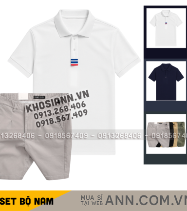 Set Bộ Nam - Áo Thun Nam Polo Cổ Bẻ Thêu 3 Sọc Đỏ Xanh Và Quần Short Kaki Co Giãn Phối Nút Cao Cấp (Có Size 36) - SBN166