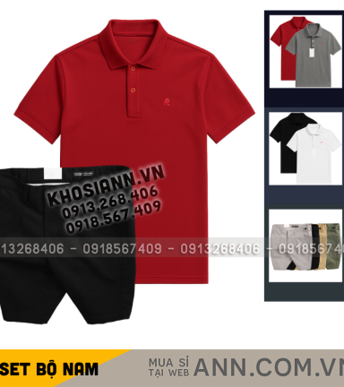 Set Bộ Nam - Áo Thun Nam Polo Cổ Bẻ Thêu Logo Chữ R Trước Ngực Và Quần Short Kaki Co Giãn Phối Nút Cao Cấp (Có Size 36) - SBN167