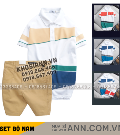 Set Bộ Nam - Áo Thun Nam Polo Cổ Bẻ Vải Thun Cá Sấu Poly Phối Kẻ Sọc Màu Và Quần Short Kaki Co Giãn Phối Nút Cao Cấp (Có Size 36) - SBN179