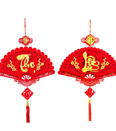 Cặp 2 Dây Treo Quạt Nhung Đỏ - Quạt Treo Trường Trang Trí Tết - QXTT05
