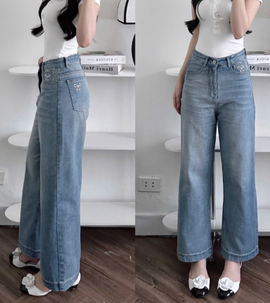 Quần Jeans Nữ Ống Rộng Vải Dày Mềm Không Co Giãn Phối Nơ Ở Túi Quần Cực Xinh - QG287