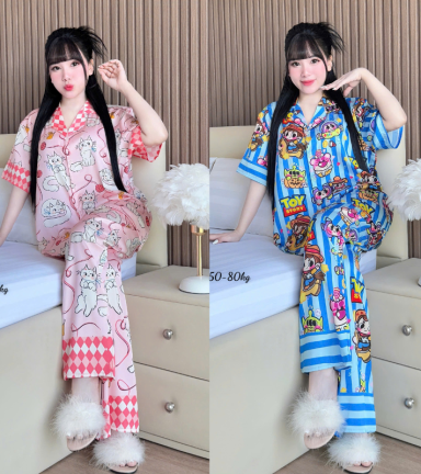 Đồ Bộ Ngủ Nữ - Đồ Bộ Tay Ngắn Quần Dài Họa Tiết Hoạt Hình Dễ Thương Mặc Mát Thoải Mái Big Size 50–80kg - DBO5206