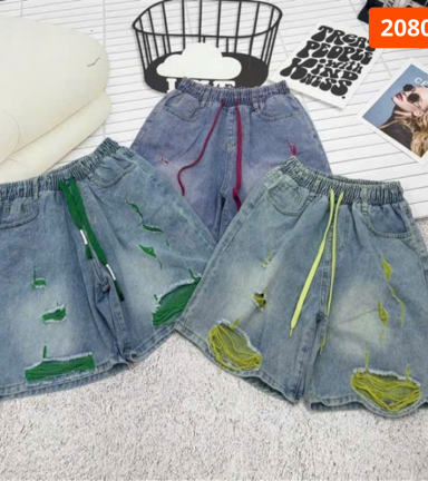 Quần Jeans Nữ Ngố Rách Vải Màu/Phối Sọc Caro - Quần Jean Lưng Thun Đẹp Dày Mềm Không Co Giãn - QG300