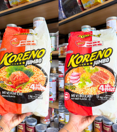 Mì Cay Koreno Jumbo Vị Bò - Vị Kim Chi - Mì Cay Hàn Quốc Túi 1kg (10 Gói x 100g) - 8936028640800