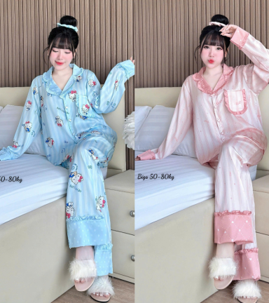 Đồ Bộ Pijama Nữ - Đồ Bộ Tay Dài Quần Dài Họa Tiết Đơn Giản Mặc Mát Thoải Mái Big Size 50–80kg - DBO5207