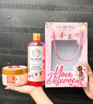 Set Quà Tặng Purité De Prôvence Gồm Sữa Tắm & Tẩy Tế Bào Chết Body Hương Hoa Anh Đào - SETPURITEANHDAO