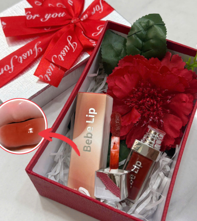 Set Quà Tặng Son Môi Bebe Lip Màu Đỏ Cam - Son Môi Kem Bóng Lì Bebe Lip Chính Hãng - Hộp Chữ Nhật Nhỏ Hoa Rơm Nhiều Màu - SETQUACHARME55