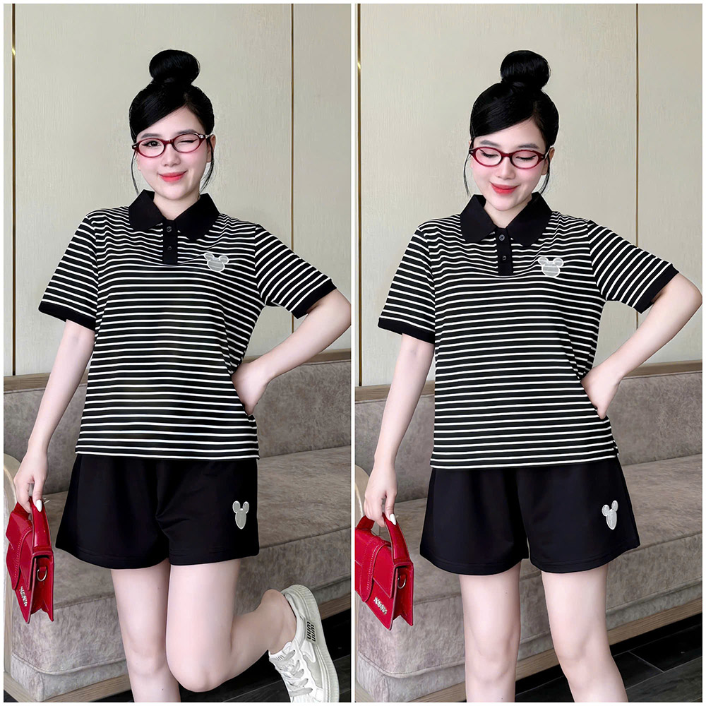 Shop sỉ đồ Bộ Nữ Áo Cổ Trụ Tay Ngắn Quần Đùi Họa Tiết Sọc Thêu Logo Mickey Mặc Mịn Mát Thoải Mái Size 45-62kg 10 Shop sỉ đồ Bộ Nữ Áo Cổ Trụ Tay Ngắn Quần Đùi Họa Tiết Sọc Thêu Logo Mickey Mặc Mịn Mát Thoải Mái Size 45-62kg