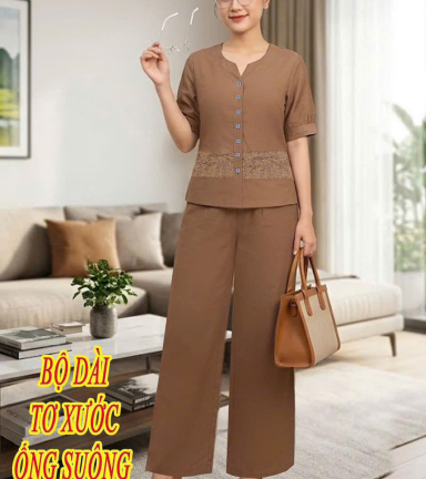 Đồ bộ nữ tay ngắn Quần dài ống rông phối ren - DBOR0070