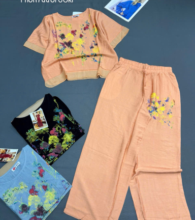 Đồ bộ nữ tay ngắn quần ống rộng in hoa - DBOR0071