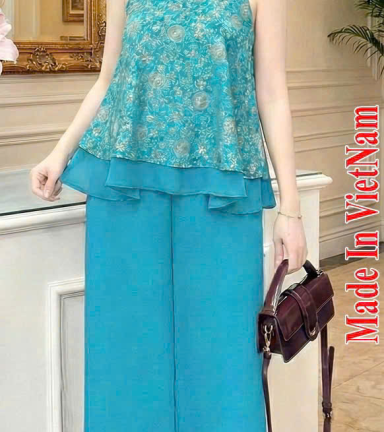 Đồ bộ nữ sát nách quần dài ống rộng Dài gấm phối mango MAX-34125 - DBOR0076