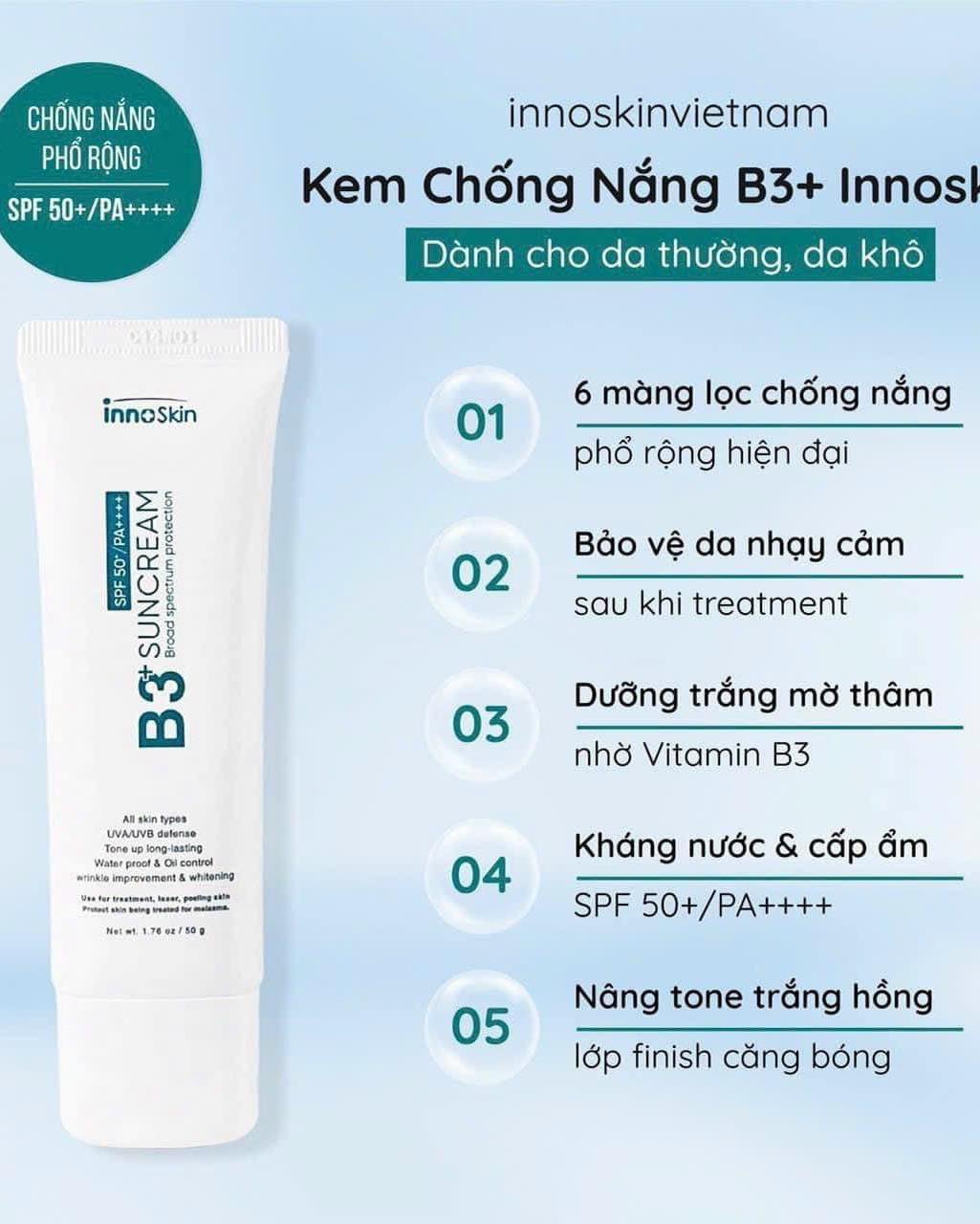 Kem Chống Nắng B3 InnoSkin Màu Xanh Cho Da Khô Nâng tông cực tự nhiên