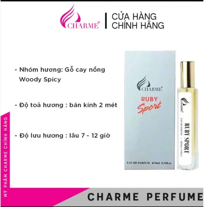 Nước hoa Charme Ruby Sport 10ml là phiên bản nước hoa mini của chai nước hoa Charme Ruby Sport 50ml