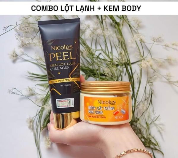 Combo Kem Peel Men Lột Lạnh Collagen Và  Kem Body Cấy Trắng Men Chua Nicolas Cosmetic