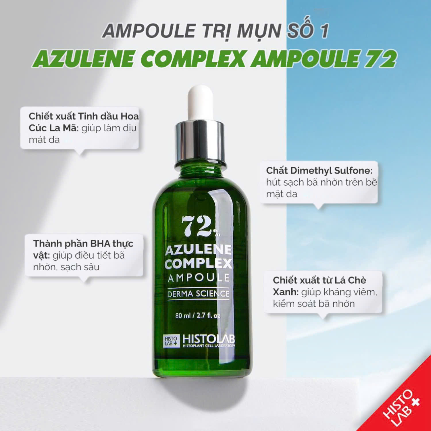 Vẫn đang lăn tăn lựa chọn serum dưỡng cho da mụn hẻ  Chọn liền Tinh Chất Histolab 72% Azulene Complex Ampoule đi thôi.