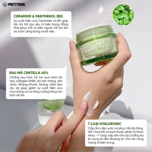 Kem dưỡng rau má Pretty Skin The Pure Jeju Cica 40 Ceramide Cream chứa chiết xuất 40% rau má