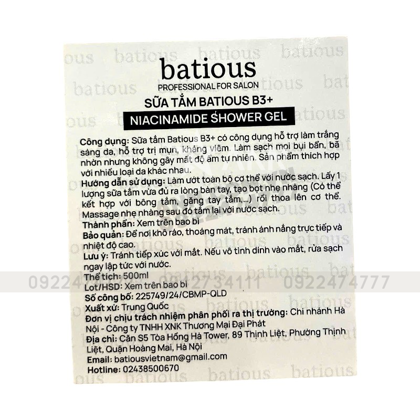 Sữa Tắm Trắng Da Batious Hương Nước Hoa 500ml