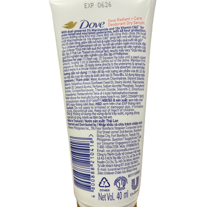 Serum Khử Mùi Dưỡng Trắng Dove 3% Niacinamide + 10x Vitamin C&E Tuýp Màu Cam 40ml
