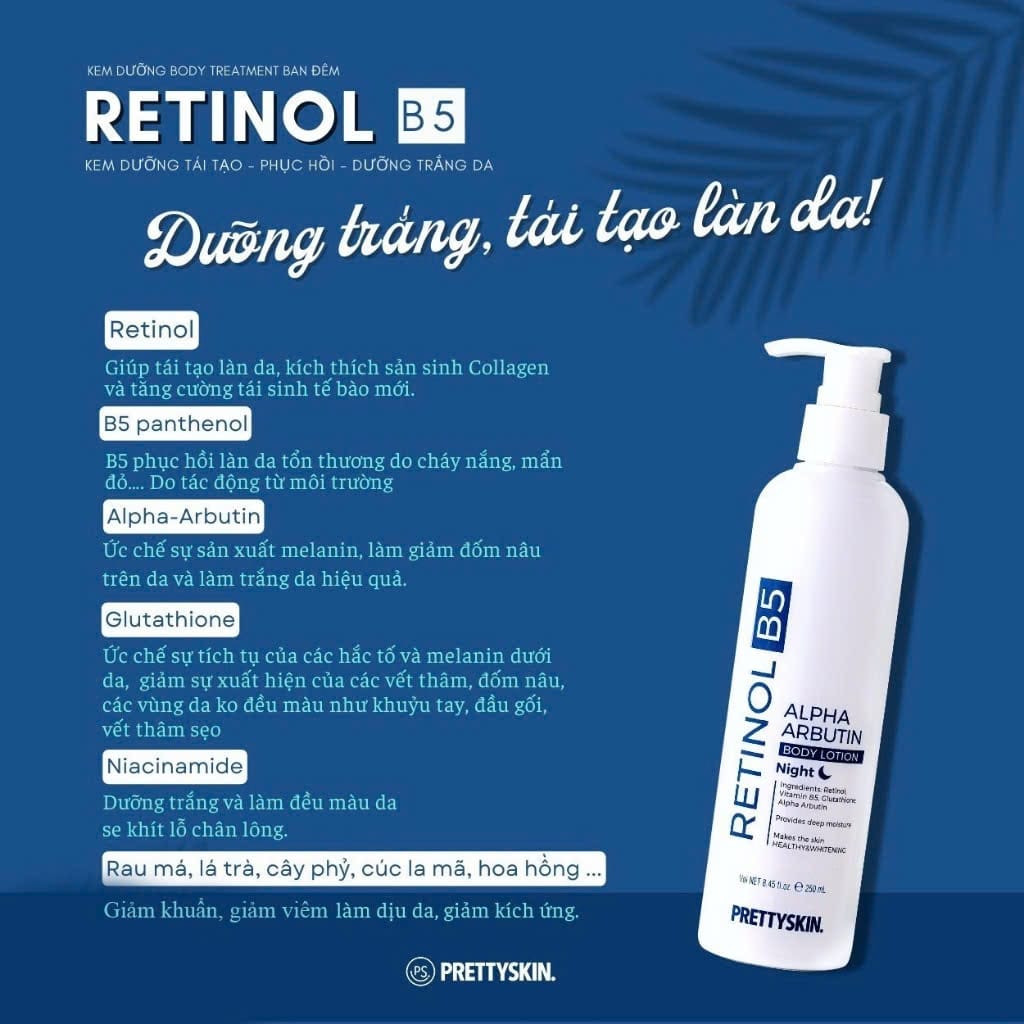 Kem Dưỡng Thể Trắng, Tái Tạo, Phục Hồi Làn Da Ban Đêm Body Treatment Pretty Skin Retinol B5 250ml