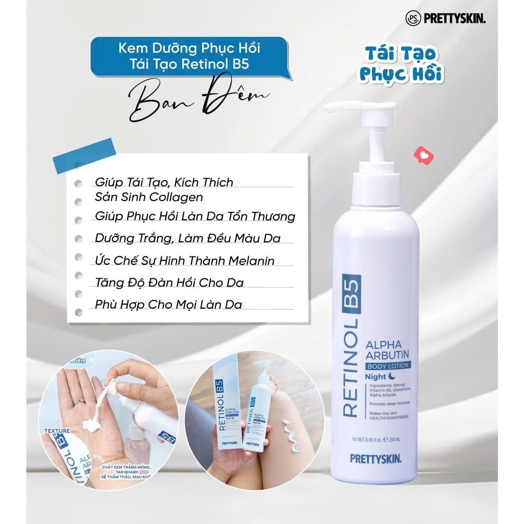Kem Dưỡng Thể Trắng, Tái Tạo, Phục Hồi Làn Da Ban Đêm Body Treatment Pretty Skin Retinol B5 250ml