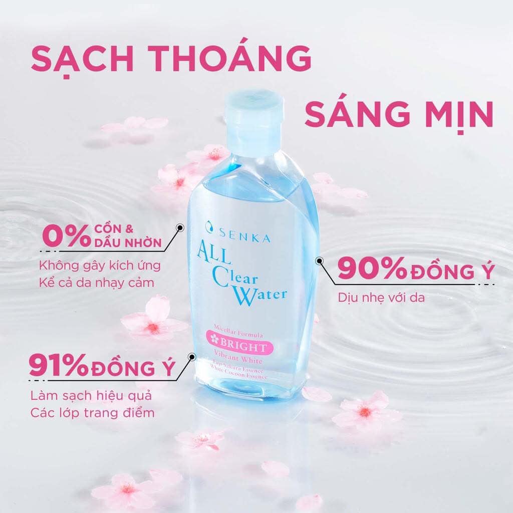 Nước Tẩy Trang Senka All Clear Micellar Bright Màu Hồng giúp vừa làm sạch nhẹ nhàng và giảm lực ma sát hạn chế tổn thương da