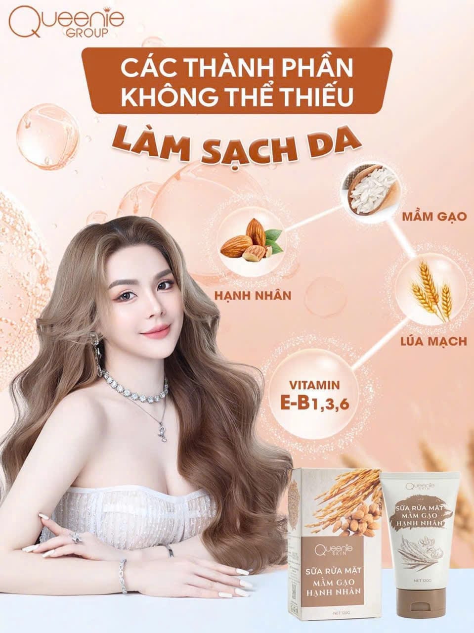 Sữa rửa mặt mầm gạo Queenie Skin giúp loại bỏ các loại bụi bẩn trên da mặt và giữ ẩm cho làn da