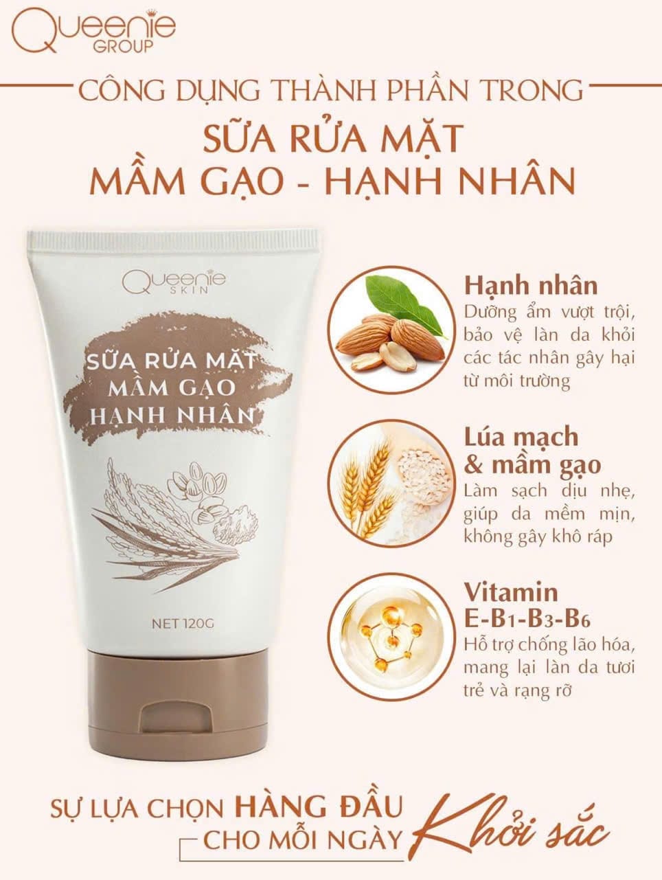 Sữa rửa mặt mầm gạo Queenie Skin giúp loại bỏ các loại bụi bẩn trên da mặt và giữ ẩm cho làn da