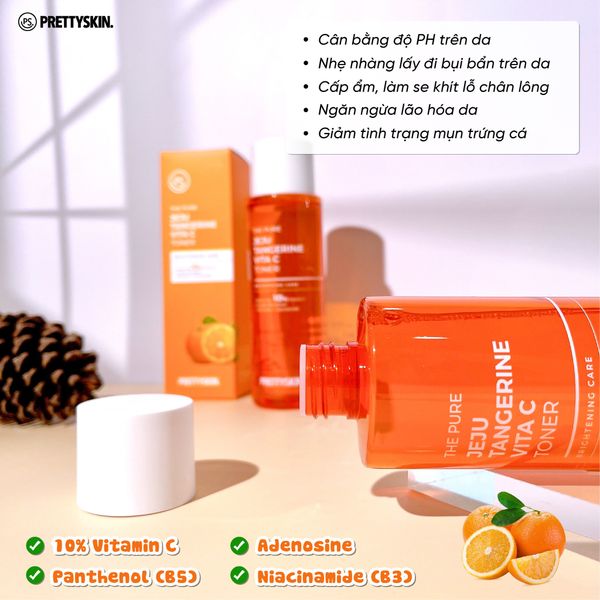 Toner Jeju Tangerine Vita C PrettySkin là nước hoa hồng chiết xuất từ những quả quýt tươi mới