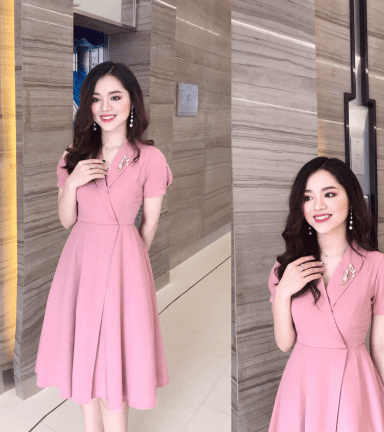 Sỉ đầm xòe xếp ly màu hồng( đính phụ kiện)