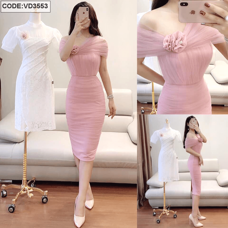 Đầm Lưới Body Trễ Vai Kết Hoa Màu Hồng - ANNSHOP.VN