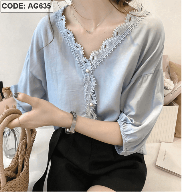 Áo kiểu nữ viền ren kết nút