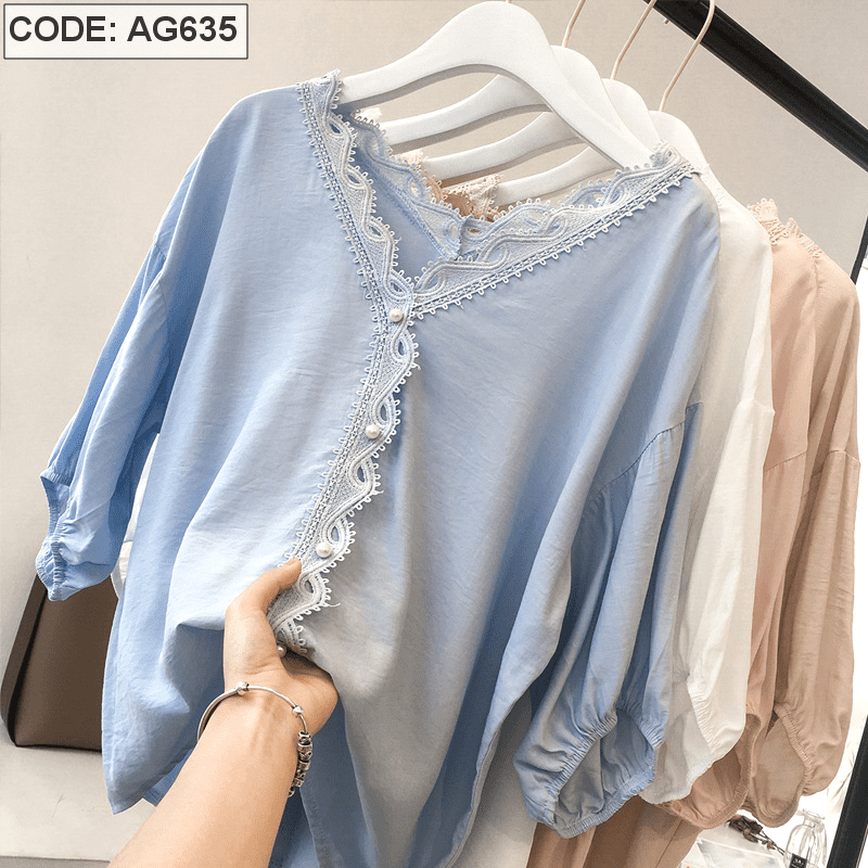 Áo kiểu nữ viền ren kết nút