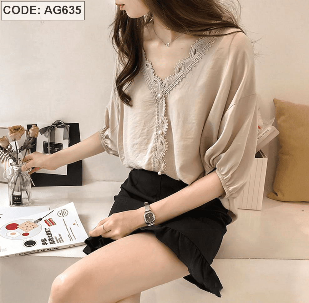 Áo kiểu nữ viền ren kết nút