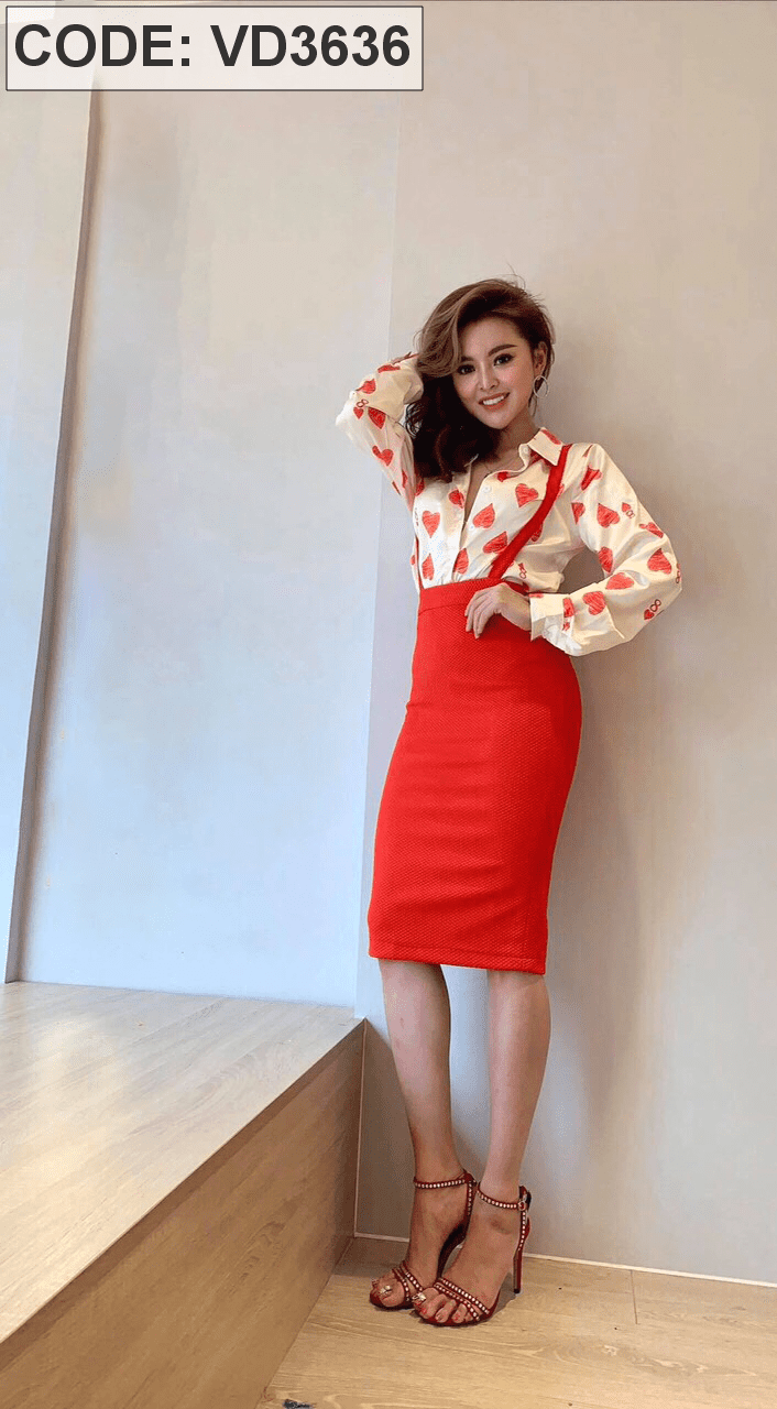 Set áo sơ mi trái tim phối yếm body