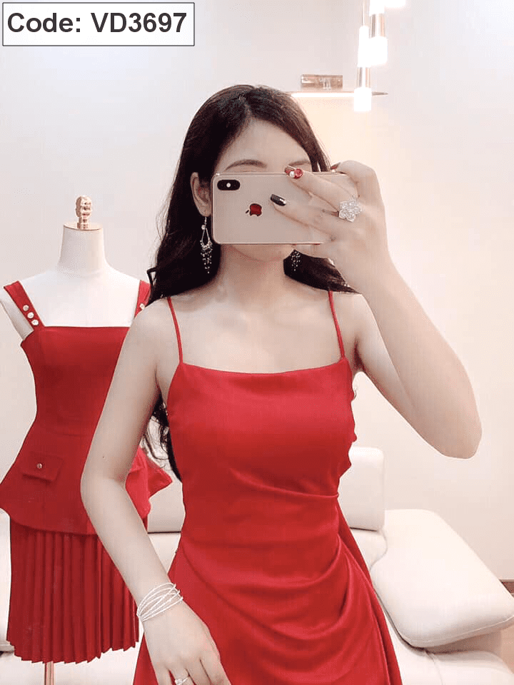 Váy dạ hội đỏ phi lụa thiết kế hai dây xẻ tà siêu sexy  D449