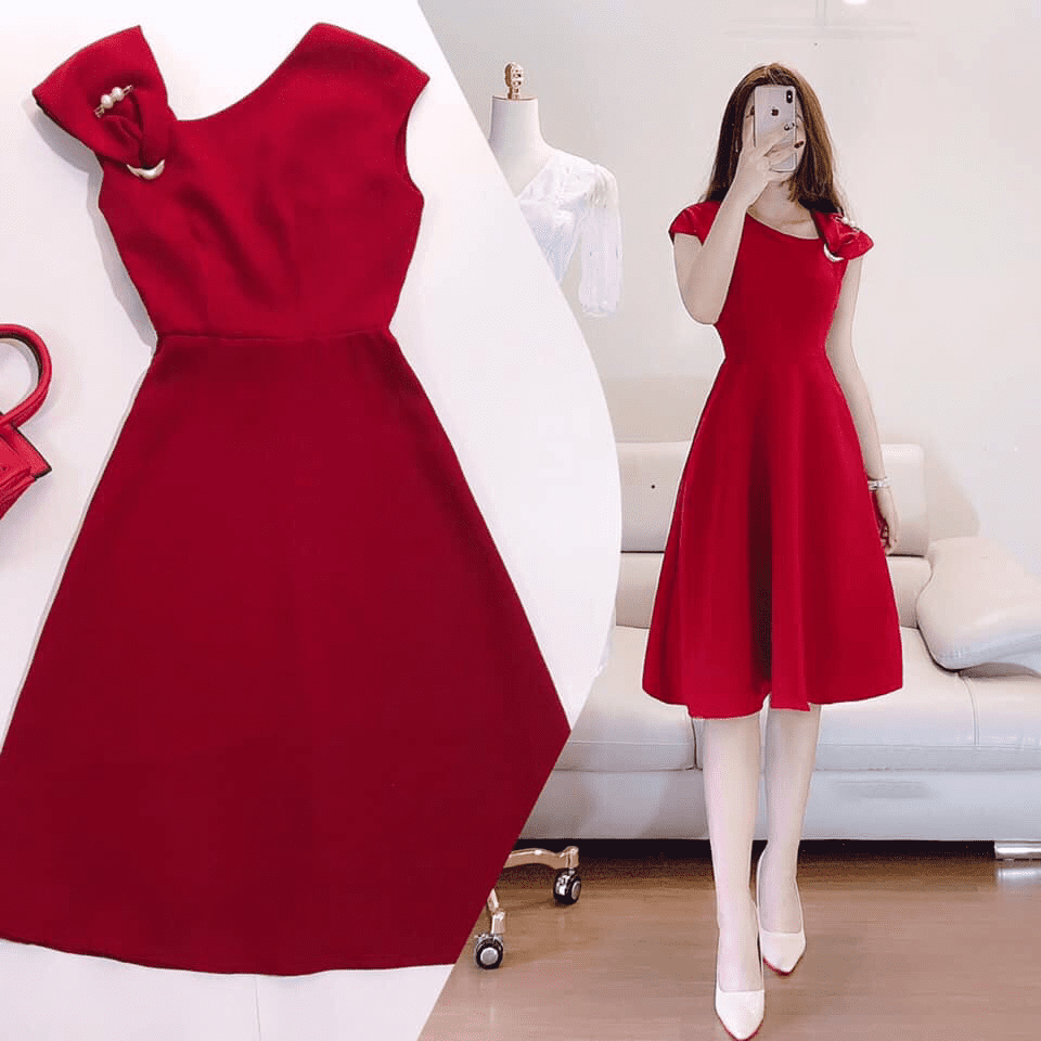 Váy đỏ xòe đai nổi dập ly  2861